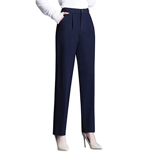 LAEMILIA Elegante Anzughose Damen Business Büro Hose mit Tasche Marlenehose Straight einfarbig Palazzo Hose Sommer Stoffhose Freizeithose Navyblau 36-40 von LAEMILIA