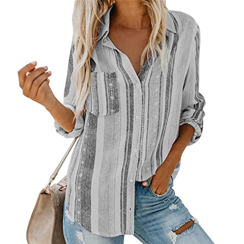 LAEMILIA Hemd Damen gestreift Langarmshirt Revers Casual Bluse Button-Down Hemdblusemit Brusttasche Grau EU 44=Tag 2XL von LAEMILIA