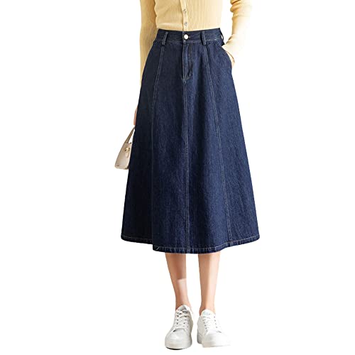 LAEMILIA Jeansrock Hohe Taille Damen Midikrock A Linie Lang Denim Jeans Faltenrock mit Knopf Elegant Damenrock Sommer Herbst Frühling mit Taschen (as3, Numeric, Numeric_42, Regular, Regular, Blau) von LAEMILIA