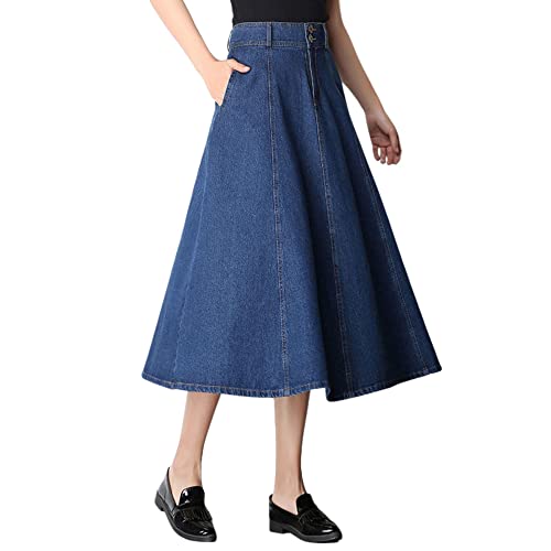 LAEMILIA Jeansrock Hohe Taille Damen Midikrock A Linie Lang Denim Jeans Faltenrock mit Knopf Elegant Damenrock Sommer Herbst Frühling mit Taschen Blau 42 von LAEMILIA