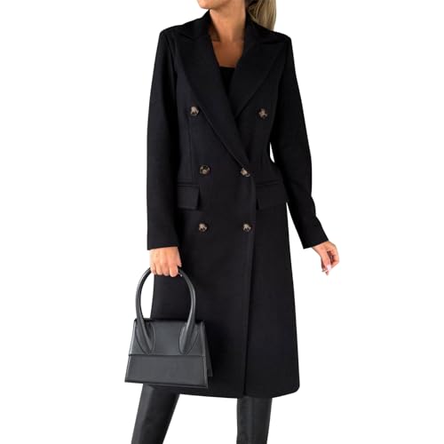 LAEMILIA Langer, zweireihiger Damenmantel, Jacke, Revers, solide Wollmischung, Erbsenmantel, Winter-Trenchcoat, Outwear für Damen, Schwarz , 36 von LAEMILIA