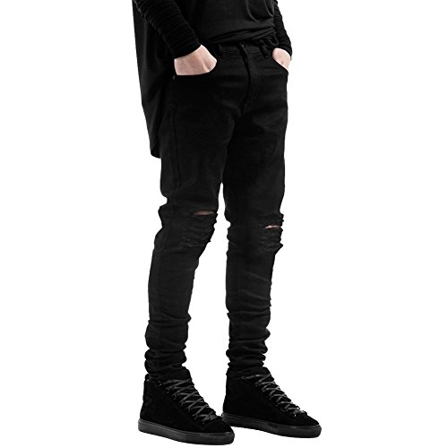 LAEMILIA Männer Slim Fit Schwarz Stretch Destroyed Jeanshose Denim Jeans Hose (30W/32L, Schwarz) von LAEMILIA