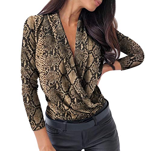 LAEMILIA Oberteil Damen Sexy V-Ausschnitt Tops Langarm Wickelshirt Einfarbig/Leopard Print Wickel Hemdbluse Business Bluse mit Wasserfallkragen von LAEMILIA