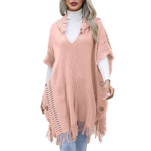 LAEMILIA Strickponcho mit Ärmeln Damen Weich Poncho Kapuzenumhang mit dekorativen Knöpfen Sweatshirt Cape Shawl mit Fransen von LAEMILIA