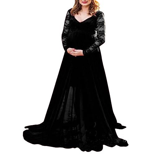 LAEMILIA V-Ausschnitt Mutterschaft Kleid Lange Schwangerschaftskleid Off Shoulder elegant festlich Maxikleid Spitzen Langarm Umstandskleid für Party Hochzeit Fotoshooting Schwarz 38 von LAEMILIA