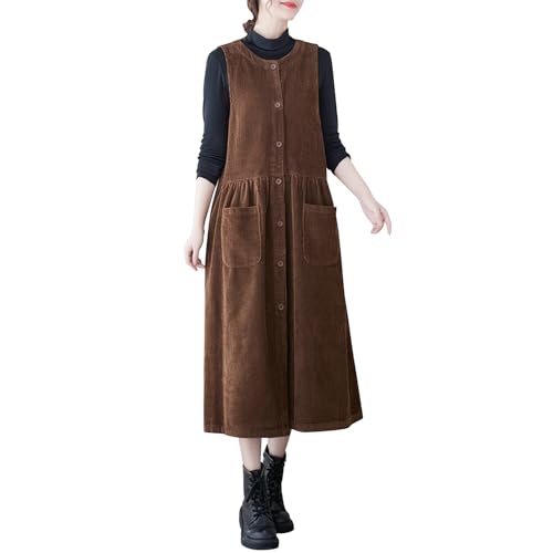 Lässiges Damen-Tankkleid aus Kordsamt, Knopfleiste, ärmellos, locker, mittellang, schwingend, Overall, Schürzenkleid mit Taschen, khaki, L von LAEMILIA