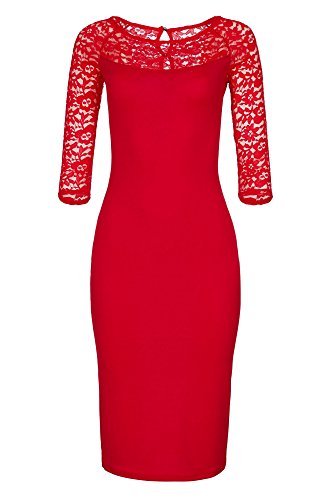 Laeticia Dreams Damen Kleid aus Spitze Langarm Wadenlang S M L XL XXL XXXL, Farbe:Rot Modell 2017;Größe:36 von LAETICIADREAMS