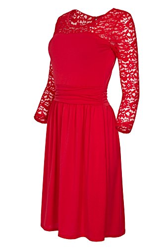 Laeticia Dreams Damen Kleid mit Spitze Knielang Langarm S M L XL, Farbe:Rot;Größe:38 / M von LAETICIADREAMS