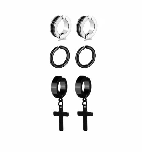 3 Paar Creolen Ohrclips Clip On Ohrringe Set Herren Damen Edelstahl Unisex Kreuz Baumel Ohrstecker von LAFATINA