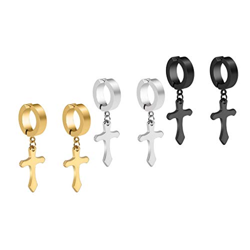 3 Paar Non-Piercing Clip On Kruz Ohrringe Set, Edelstahl Herren Damen Dangling Drop Cross Hoop Huggie Ohrringe Jungen von LAFATINA