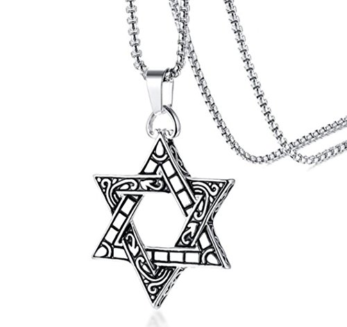 LAFATINA Davidstern Anhänger Edelstahl Vintage Amulett Hexagramm Jüdische Halskette für Männer Frauen Weihnachten Valentinstag von LAFATINA