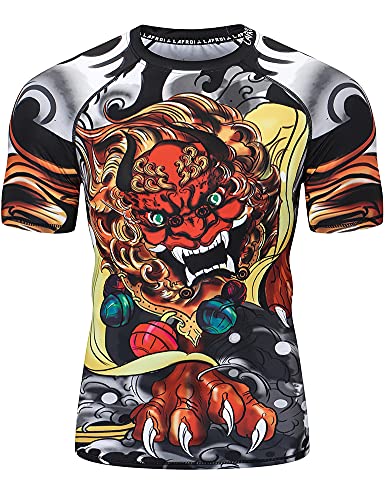 LAFROI Herren Kurzarm Kompressionsshirt UPF 50+ Rash Guard-CLY08D (Lion Dance,LG) von LAFROI