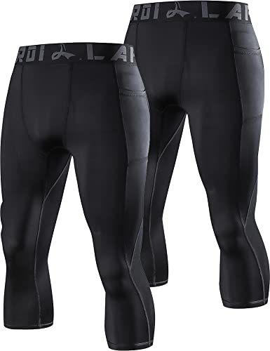 LAFROI Men's 2-Pack Compression Fit 3/4 Tights Leggings with Pcoket/Non-Pocket-YSK10 Pocket Black Size XXL von LAFROI