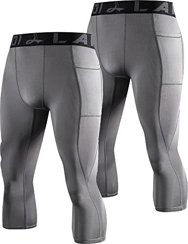 LAFROI Men's 2-Pack Compression Fit 3/4 Tights Leggings with Pcoket/Non-Pocket-YSK10 Pocket Grey Size XXL von LAFROI