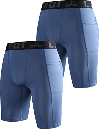 LAFROI Men's 2-Pack Quick Dry Cool Compression Fit Tights Shorts Waistband -YSK09 Pocket Grayish Blue Size LG von LAFROI