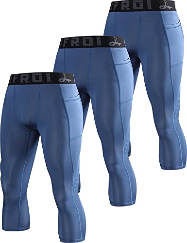 LAFROI Men's 3-Pack Compression Fit 3/4 Tights Leggings with Pcoket/Non-Pocket-YSK10 Pocket Grayish Blue Size XXL von LAFROI