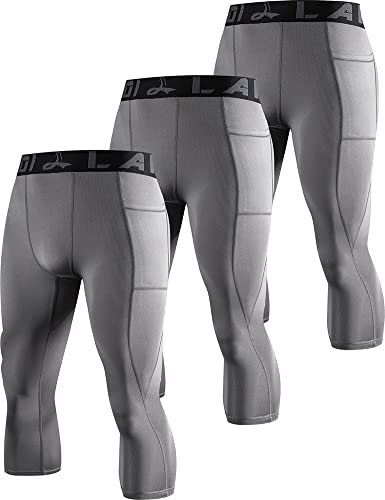 LAFROI Men's 3-Pack Compression Fit 3/4 Tights Leggings with Pcoket/Non-Pocket-YSK10 Pocket Grey Size LG von LAFROI