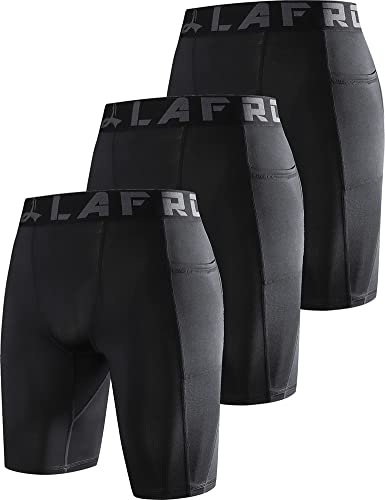 LAFROI Men's 3-Pack Quick Dry Cool Compression Fit Tights Shorts Waistband -YSK09 Pocket Black Size SM von LAFROI
