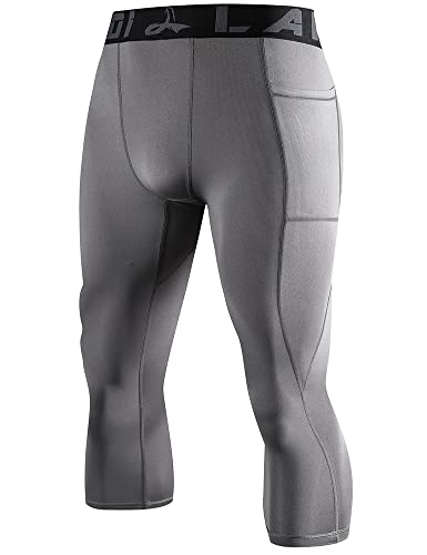 LAFROI Men's Compression Fit 3/4 Tights Leggings with Pcoket/Non-Pocket-YSK10 Pocket Grey Size MD von LAFROI