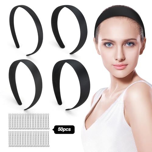 LAGAHS Satin-Stirnbänder, rutschfest, schwarz, mit 50 Clips, breites Kunststoff-Stirnband für Damen und Mädchen (1,5 cm, 2 cm, 2,5 cm, 3 cm), 4 Stück von LAGAHS