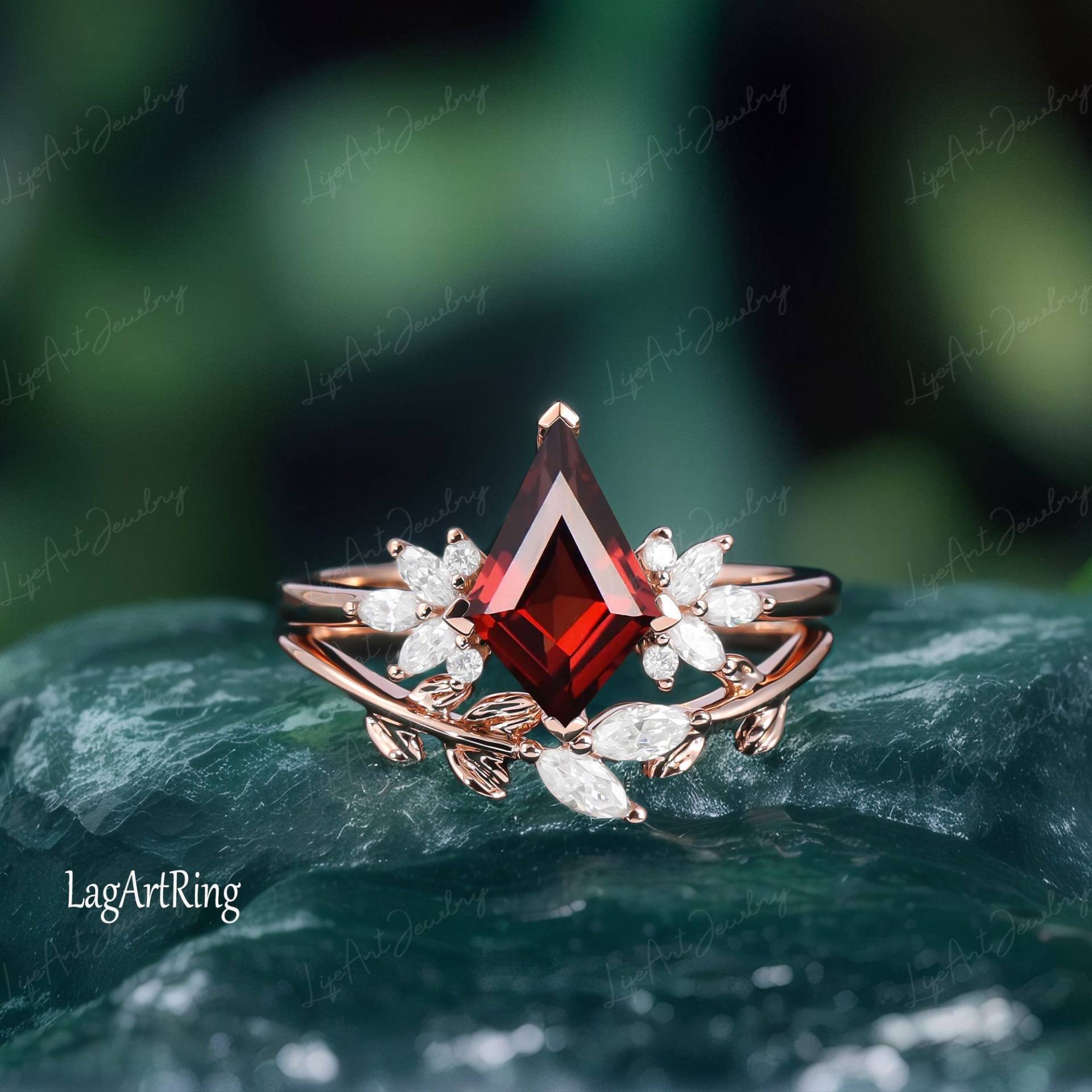 Drachenschliff Granat Verlobungsring Set Weißgold Ring Art Deco Marquise Moissanit Frauen Einzigartige Natur Inspiriert Blattring Brautring von LAGJewelry