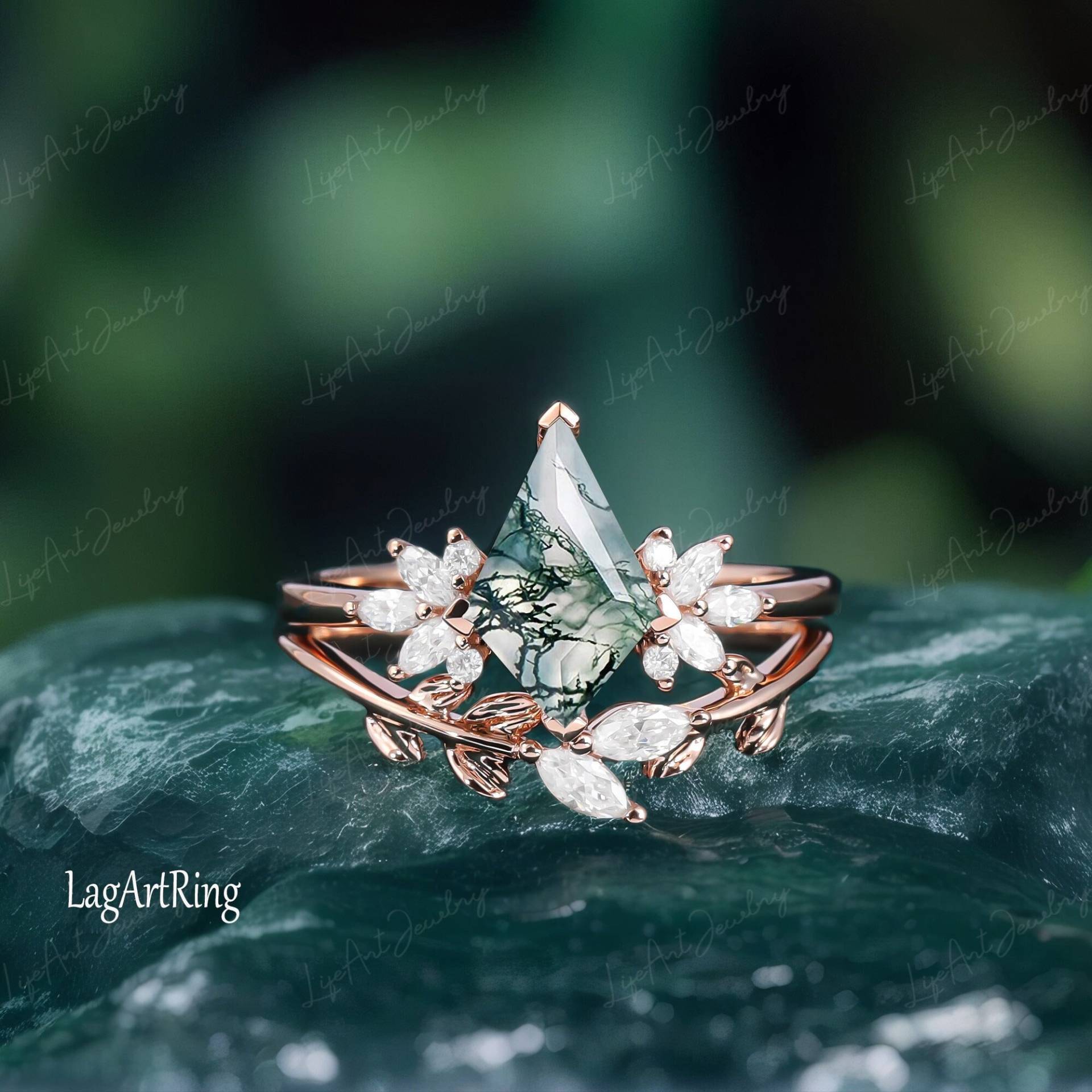 Drachenschliff Moosachat Verlobungsring Ringset Roségold Ring Art Deco Marquise Moissanit Für Frauen Einzigartige Eheringe von LAGJewelry