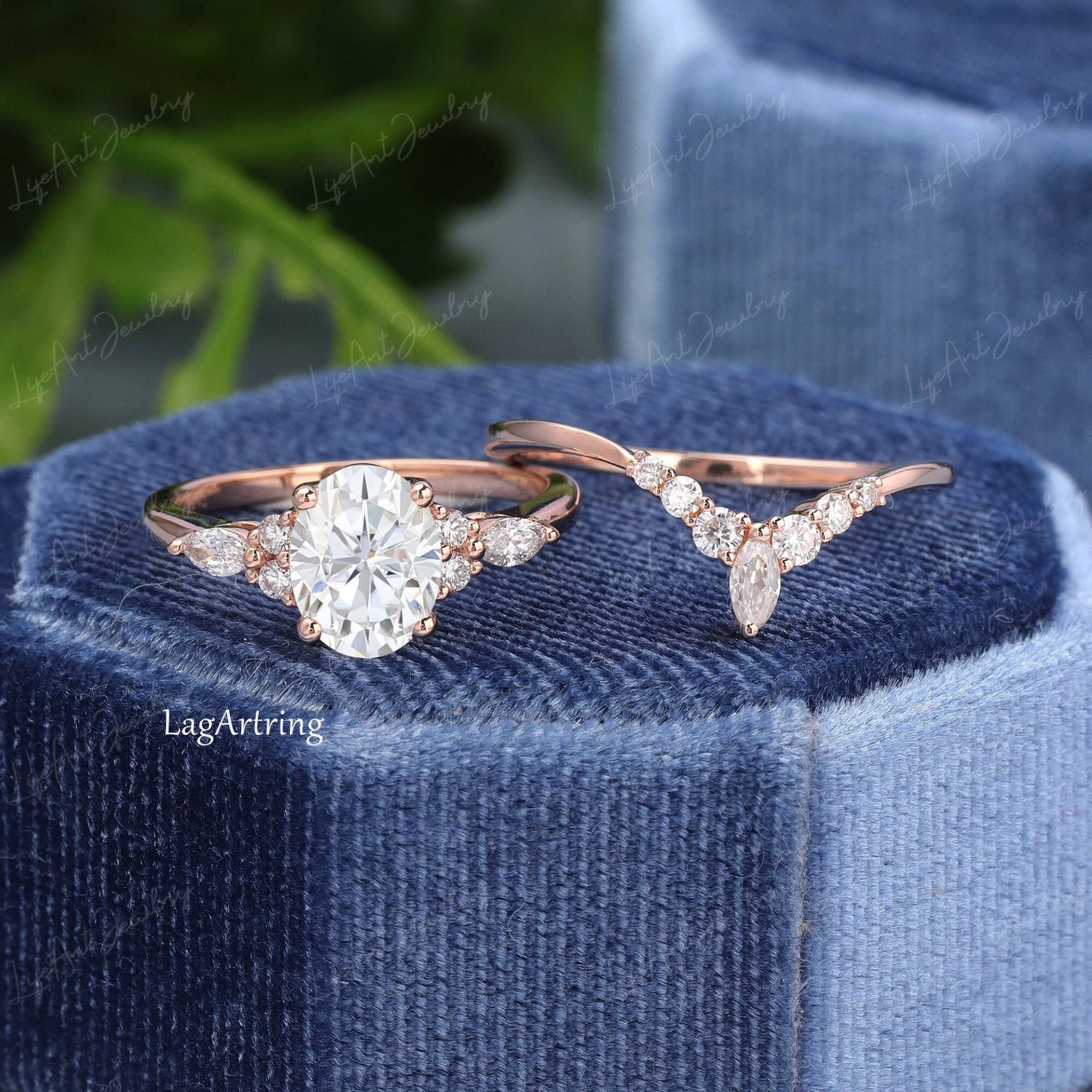 Oval Moissanite Verlobungsring Set Rose Gold Für Frauen Vintage Diamant Cluster Ring Hochzeit Braut Jahrestag Sie von LAGJewelry