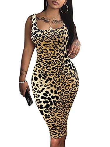 LAGSHIAN Damen Sexy Bodycon Tank Kleid Ärmellos Basic Midi Club Kleider, Leopard, Groß von LAGSHIAN