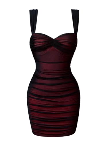LAGSHIAN Damen Sommer Sexy Bodycon Ärmellos Tank Träger Mesh Gerafftes Mini-Partykleid, Schwarz Rot, Mittel von LAGSHIAN