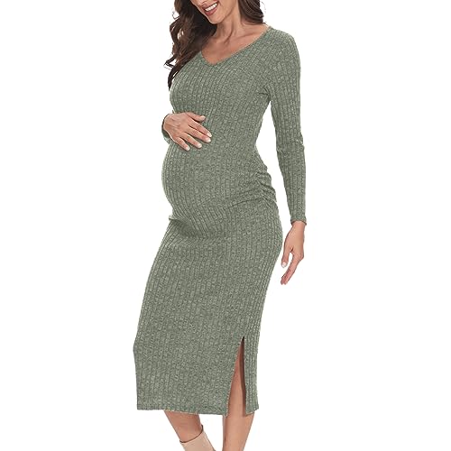 LAHILO V-Ausschnitt Mutterschaft Pullover Kleid, Herbst Umstandskleid, Langarm Seite Rüschen Strick gerippt Mutterschaft Bodycon Kleid, A-grünlich Grau, Groß von LAHILO