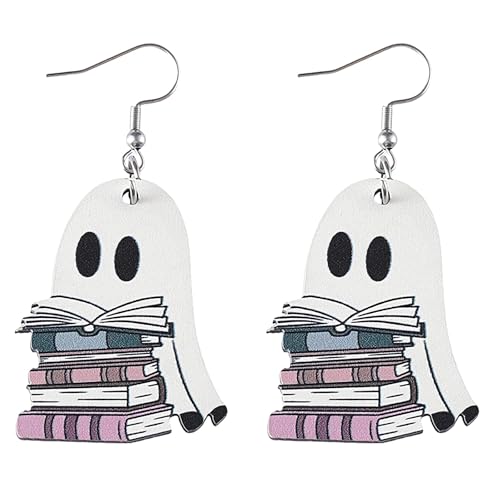 2025 Halloween-Ohrringe für Frauen, baumelnd, doppelseitig bedruckt, Gothic-Geister-Ohrringe für Halloween-Party-Zubehör (Buch-Geist) von LAIBUY