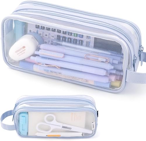 Großes transparentes Netz-Federmäppchen, 2 Fächer, multifunktionales Federmäppchen, transparente Make-up-Tasche für Teenager, Studenten, College, Business, Reisen, Büro, Erwachsene (blau) von LAIBUY