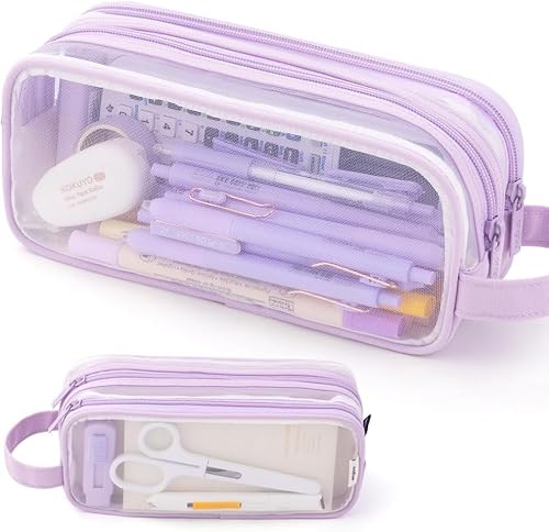 Großes transparentes Netz-Federmäppchen, 2 Fächer, multifunktionales Federmäppchen, transparente Make-up-Tasche für Teenager, Studenten, College, Business, Reisen, Büro, Erwachsene (lila) von LAIBUY