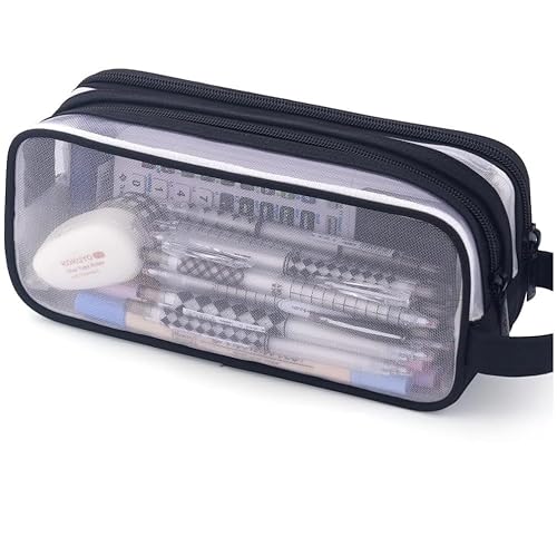 Großes transparentes Netz-Federmäppchen, 2 Fächer, multifunktionales Federmäppchen, transparente Make-up-Tasche für Teenager, Studenten, College, Business, Reisen, Büro, Erwachsene (schwarz) von LAIBUY