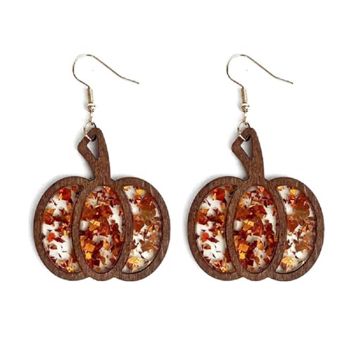 Halloween-Kürbis-Holzohrringe, handgefertigt, leicht, Leoparden-Kuh-Druck, Leder, baumelnde Ohrringe für Frauen, Glitzer, Erntedankfest, Herbst, Tropfenohrringe, Urlaubsschmuck von LAIBUY