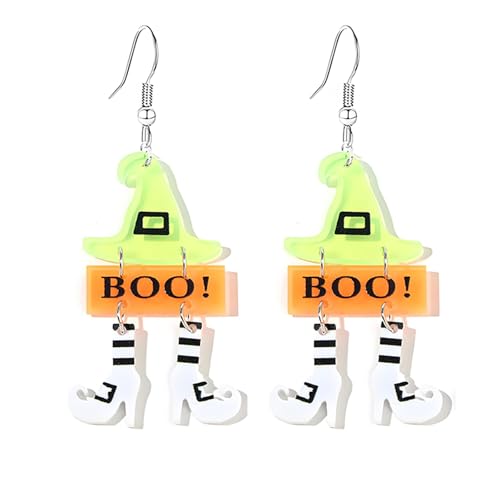 Halloween-Totenkopf-Ohrringe – Acryl-Kürbis-Geist-Ohrringe mit Glitzerpulver (grüner Hut) von LAIBUY
