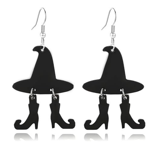 Halloween-Totenkopf-Ohrringe – Acryl-Kürbis-Geist-Ohrringe mit Glitzerpulver (schwarzer Hut) von LAIBUY