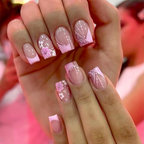 Künstliche Nägel zum Aufdrücken, französische Spitze, kurz, quadratisch, Frühlingskirschblüten mit Liniendesign, Nude, Pink, vollständige Abdeckung, künstliche Nägel zum Aufkleben, für Damen, Maniküre Künstliche Nägel zum Aufdrücken, französische Spitze, kurz, quadratisch, Frühlingskirschblüten mit Liniendesign, Nude, Pink, vollständige Abdeckung, künstliche Nägel zum Aufkleben, für Damen, Maniküre von LAIBUY