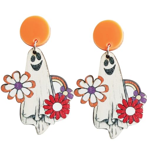 Niedliche Halloween-Ohrringe mit Geisterkürbis, Holz, Harz, Acryl, Cartoon-Geisterdruck, Halloween-Holz-Acryl-Ohrringe für Frauen, Schmuck (Geist) von LAIBUY
