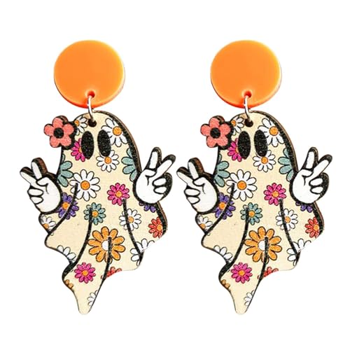 Niedliche Halloween-Ohrringe mit Geisterkürbis, Holz, Harz, Acryl, Cartoon-Geisterdruck, Halloween-Holz-Acryl-Ohrringe für Frauen, Schmuck (Geist) von LAIBUY