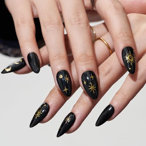 Press on Nails Medium Mandel Handgemachte Gothic Star in Schwarz Gel Kleber auf Nagel Glänzend Kurz Stiletto Wiederverwendbar UV Finish Künstliche Nägel Acryl Maniküre Kits für Frauen Press on Nails Medium Mandel Handgemachte Gothic Star in Schwarz Gel Kleber auf Nagel Glänzend Kurz Stiletto Wiederverwendbar UV Finish Künstliche Nägel Acryl Maniküre Kits für Frauen von LAIBUY