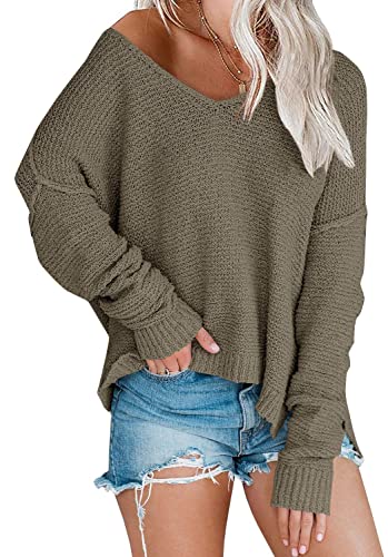 Damen Schulterfrei Strickpullover Oversized V-Ausschnitt Fledermausärmel Lose Leicht Pullover Tops - Braun - Groß von LAICIGO