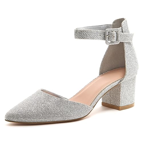 LAICIGO D'Orsay Damen-Sandalen mit spitzem Zehenbereich, Knöchelriemen, Schnalle, klobiger Blockabsatz, Kleid, Silber (2-silber), 41 EU von LAICIGO