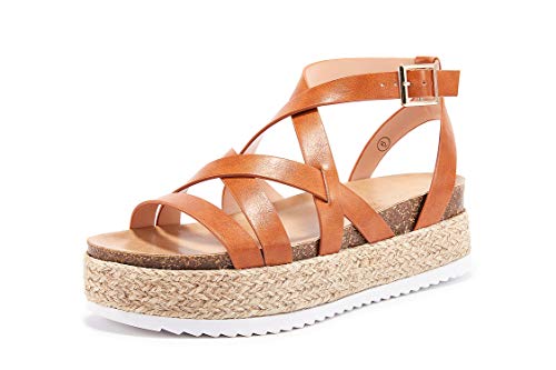 LAICIGO Damen-Espadrilles mit Keilabsatz, Plateau, Kreuzriemen, Knöchelschnalle, offene Zehenpartie, Slingback, Sommersandalen, 1-braun, 40 EU von LAICIGO