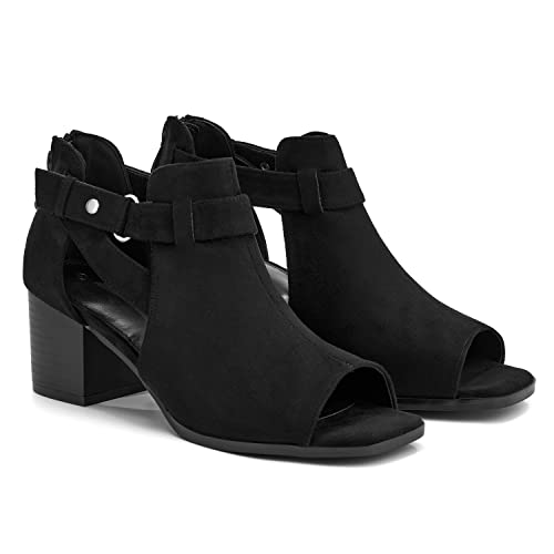 LAICIGO Damen-Sandalen mit Absatz, Peep-Toe-Stiefel, Ausschnitt, Knopf, Seitenriemen, klobige Absätze mit Reißverschluss hinten, Schwarz, 38 EU von LAICIGO