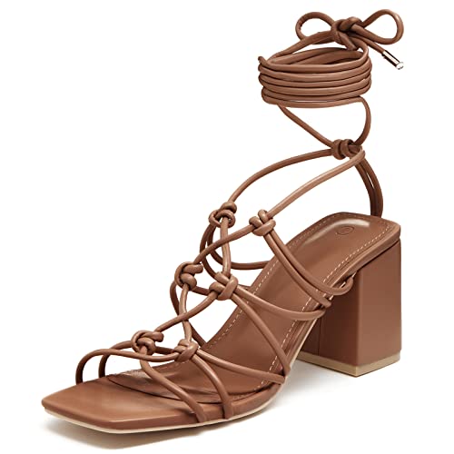 LAICIGO Damen-Sandalen mit Schnürung, offener quadratischer Zehenbereich, Blockabsatz, Knöchel, Riemchen, Slingback, Sommersandalen, Braun, 39 EU von LAICIGO