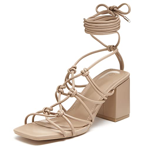 LAICIGO Damen-Sandalen mit Schnürung, offener quadratischer Zehenbereich, Blockabsatz, Knöchel, Riemchen, Slingback, Sommersandalen, Khaki, 39 EU von LAICIGO