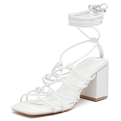 LAICIGO Damen-Sandalen zum Schnüren mit Absatz, offener quadratischer Zehenpartie, Blockabsatz, Knöchelwickel, Riemen, Slingback, Sommersandalen, Weiss/opulenter Garten, 40.5 EU von LAICIGO