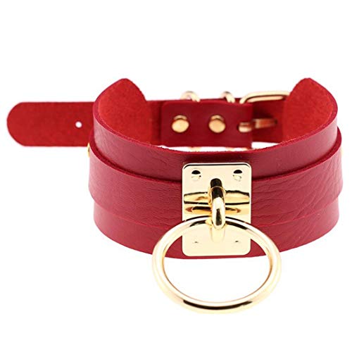 LAIFEKE JNKET Gold Silber Metall Ring Halsband PU Leder Halsband Herren Damen Halskette Umhängeband Punk Hals Accessoires (Goldring-Rot) von LAIFEKE