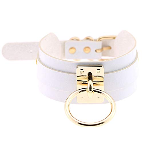 LAIFEKE JNKET Gold Silber Metall Ring Halsband PU Leder Halsband Herren Damen Halskette Umhängeband Punk Hals Accessoires (Goldring-Weiß) von LAIFEKE